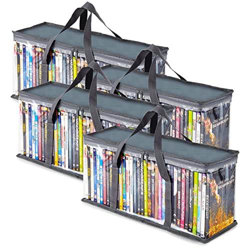 Stock Your Home DVD Storage Bags (Set of 4) Media Organizer Bag for DVDs, CDs, Blu Ray Disc, Movie Cases, VHS Box, Video Game Disks, Clear Plastic Holders with Carrying Handles and Zipper - Gray