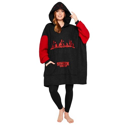 Stranger Things Blanket Hoodie for Adults and Teenagers - Cosy Oversized Fleece Hoodie One Size Sherpa Hood - Gifts for Her (Black)