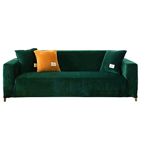 Stretch Sofa Slipcover, Soft Velvet Couch Sofa Cover Furniture Protector with Non Skid Foam and Elastic Bottom (Dark-Green, Small)