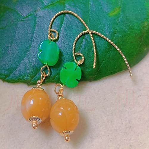Stunning Fashion Yellow Round Hetian Jade Green Jade Sculpture Gold Earrings