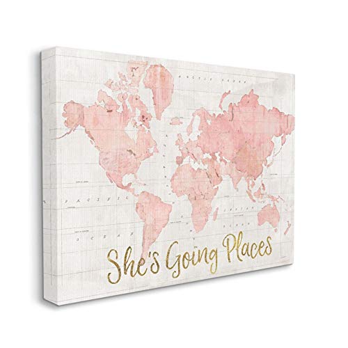 Stupell Industries She's Going Places Quote Pink Watercolor World Map, Canvas, ab-961_cn_16x20, 16 x 20