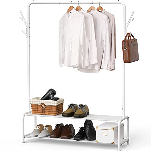 Sturdy White Garment Rack with Storage Shelves and Hooks