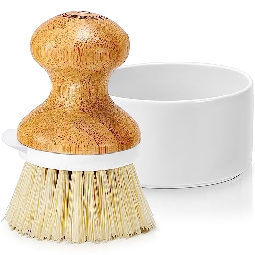 SUBEKYU Bamboo Dish Brush, Kitchen Dish Scrubber Brush with Soap Dispenser, Natural Wooden Dishwashing Brush