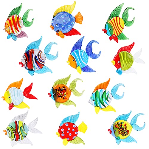 Sujeetec Crystal Glass Tropical Fish Figurines Miniature Hand Blown Glass Fish Sculpture Art Glass Sea Animals Collection Ornament Gift, Set of 6 Pairs