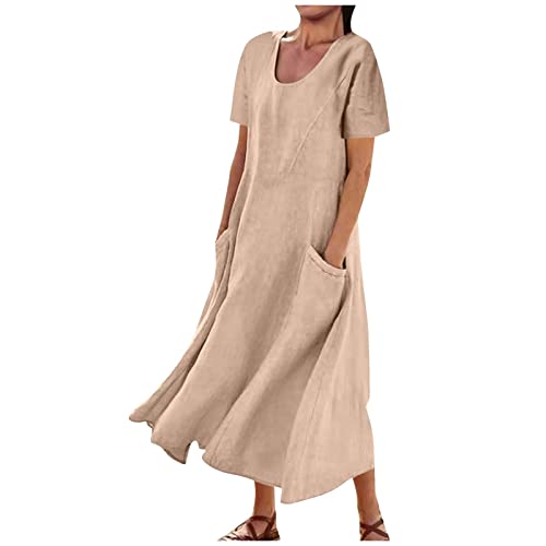 Summer Casual Short Sleeve Cotton Linen Dress with Pockets