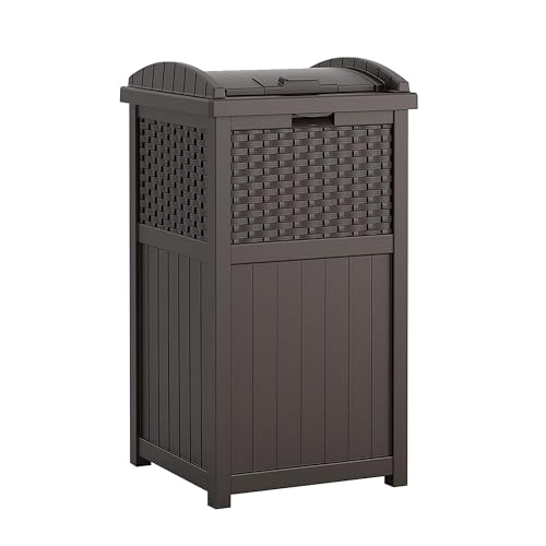 Suncast 33 Gallon Outdoor Garbage Can with Secure Lid and Wicker Design