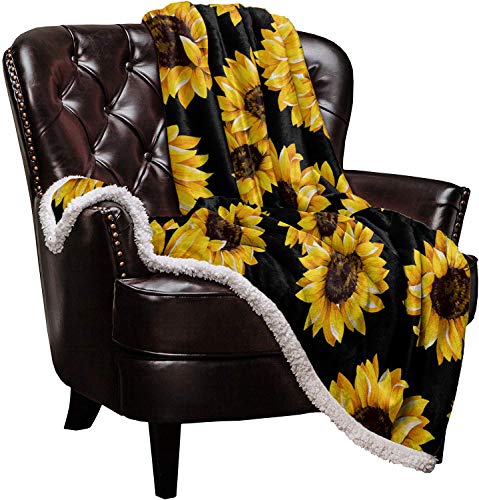 Sunflower Sherpa Fleece Blanket, Super Thick and Warm Cozy Luxury Blanket 40"x50", Vintage Floral Yellow Sunflower Black Background Bed Blanket, Fluffy Plush Microfiber Throw Blanket for Couch