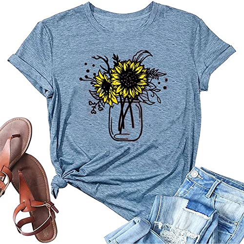 Sunflower Shirts for Women Flower Vase Graphic Tees Loose Fit Short Sleeve Casual Cute Summer Tops Blue,S