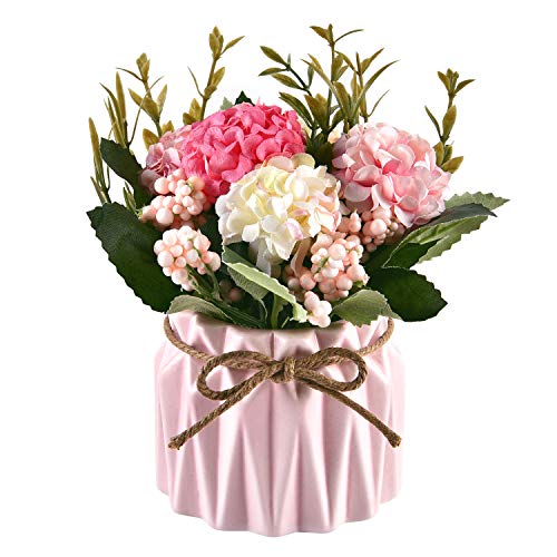 Sunm Boutique Artificial Hydrangea Bouquet with Small Ceramic Vase, Pink