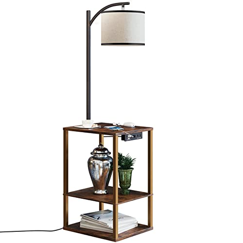 SUNMORY Rustic End Table Lamp with Shelves and Charging Station