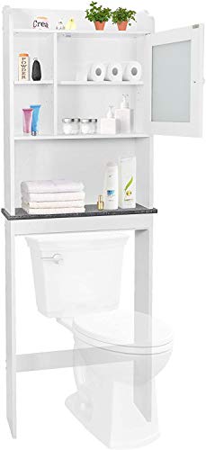SUPER DEAL Over The Toilet Bathroom Storage Cabinet Freestanding Wooden Bathroom Organizer with Adjustable Shelves and Glass Door, White
