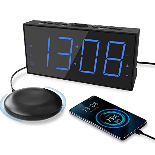 Super Loud Alarm Clock with Bed Shaker, Vibrating Alarm Clock for Heavy Sleepers Hearing Impaired Deaf Teens, Dual Alarm Clock with 7.5’’ Large Display, USB Charger, Dimmer, Snooze & Battery Backup