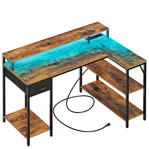 SUPERJARE L Shaped Gaming Desk with LED Lights & Power Outlets