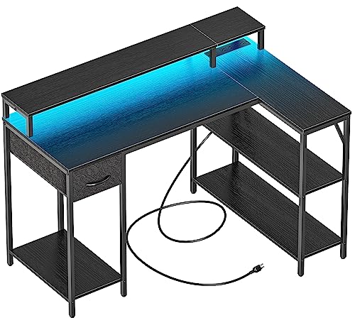 SUPERJARE L Shaped Gaming Desk with LED Lights & Power Outlets, Reversible Computer Desk with Shelves & Drawer, Corner Desk Home Office Desk, Black
