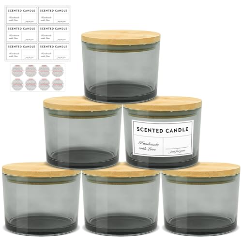 16 Pack 10 OZ Thick Glass Candle Jars with Bamboo Lids and Candle