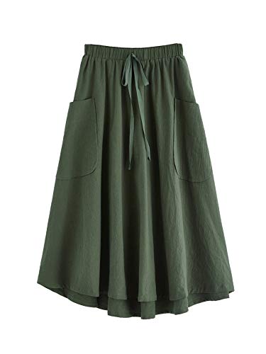 SweatyRocks Women's Casual High Waist Pleated A-Line Midi Skirt with Pocket Army Green M