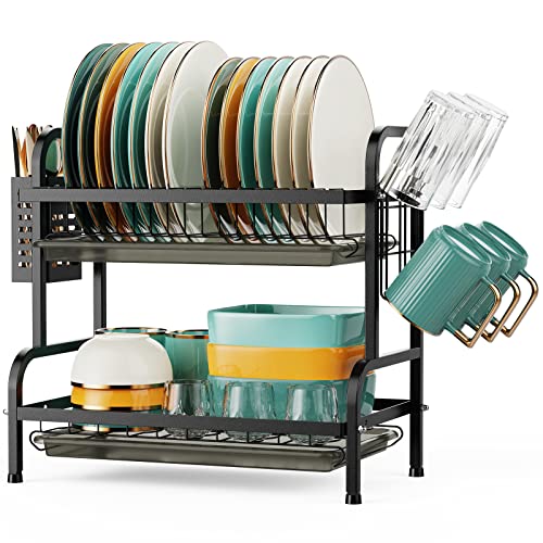 Swedecor Dish Drying Rack for Kitchen - 2 Tier Rust-Resistant Dish Rack Small Dish Drainer with Drainboard Tray, Cup Holder and Utensil Holder for Kitchen Countertop Saving Space, Black