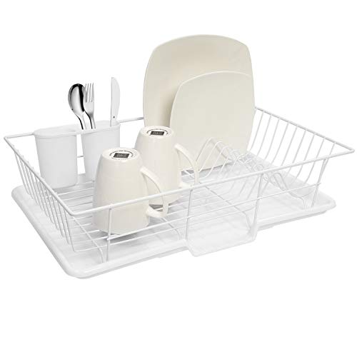 Sweet Home Collection Metal, Plastic 3 Piece Dish Drainer Rack Set with Drying Board and Utensil Holder, 12" x 19" x 5", White