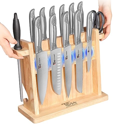 SYOKAMI Kitchen Knife Set, 14 Pieces Japanese Style Knife Block Set With Magnetic Knife Holder, High Carbon Steel Ultra Sharp Chef Knife With Ergonomic Handle, Including Honing Steel and Shears, Black