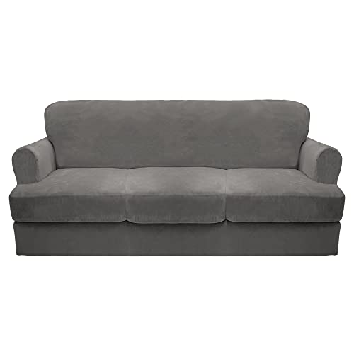 T Cushion Sofa Cover - Grey Velvet Couch Slipcover