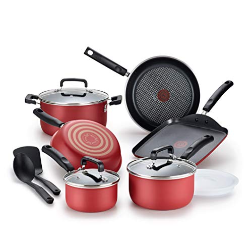 T-fal Signature Nonstick Cookware Set 12 Piece Pots and Pans, Dishwasher Safe Red