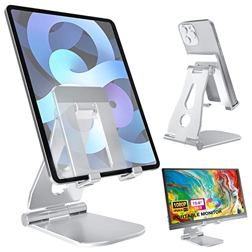 Tablet Stand, Portable Monitor Stand, Adjustable & Foldable Aluminium Kindle Stand Holder, Compatible with 2023 iPad Air 5/4, iPad Mini 6/5, iPad 10.2, iPad Pro 12.9/11, Phones (4-13 inch),Silver