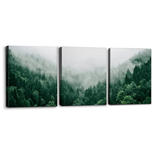 Talking with the Fog Aerial View of Pine Trees in Mist Realism Pictures Print on Canvas Rustic Scenic Modern Artwork Stretch Framed Ready to Hang