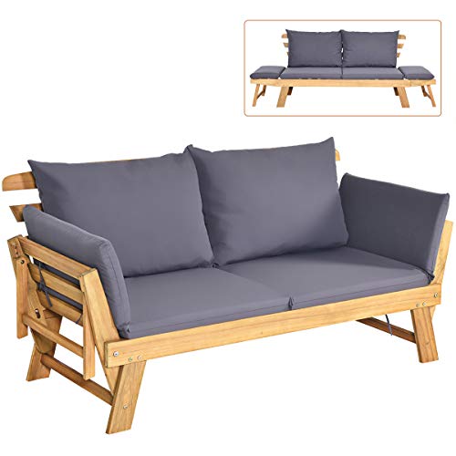 Tangkula Acacia Wood Patio Convertible Couch Sofa Bed
