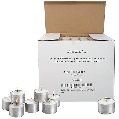 Tea Light Candles in Metal Cups - 8 Hours Clean, Long Burning White Unscented Tea Candles - 250 Candles - Votive Candles Bulk for Romantic Dinner, Wedding, Spa & Hotels by PARNOO