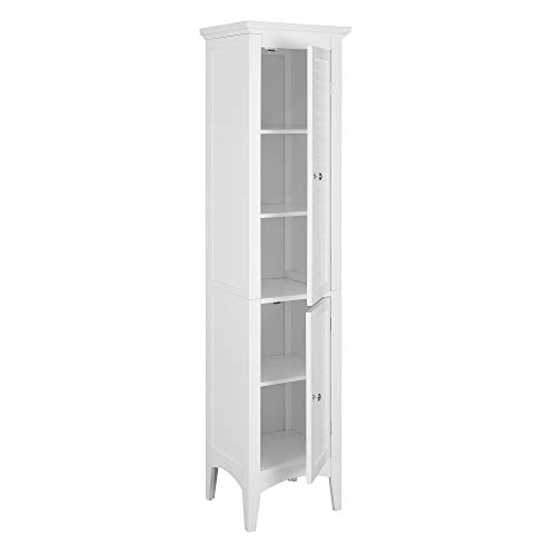 Teamson Home Glancy Tall Slim Freestanding Double Tier Floor Linen Cabinet with 1 Adjustable and 3 Fixed Interior Shelves 5 Storage Spaces and 2 Louvered Doors, White