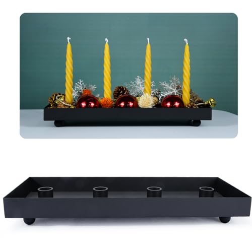 TELOSMA Metal Taper Candle Holder Tray - Matte Black Iron Candlestick Holder with 4 Candle Holes, Christmas Decorative Tray, Advent Candles Holder Table Centerpieces for Dining Room