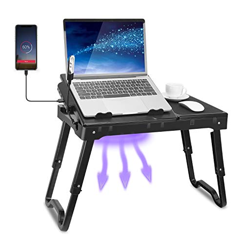 TeqHome Adjustable Laptop Bed Table with Fan and LED Light