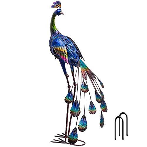 TERESA'S COLLECTIONS Backyard Decor Peacock Yard Art Garden Sculptures & Statues, 35" Large Metal Bird Lawn Ornaments Indoor Outdoor Decorations for Outside Porch, Patio, Pond, Pool