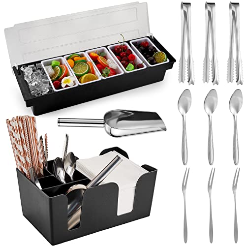 Tessco Garnish Tray with Lid Bar Caddy Ice Cooled Condiment Serving Container with Stainless Steel Ice Scoop 3 Metal Mini Serving Tongs 3 Fruit Fork 3 Spoons for Food Home Party Kitchen