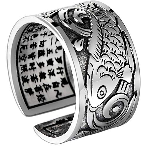 Thai Silver Fish Sculpture Chinese Character Men Open Band Ring