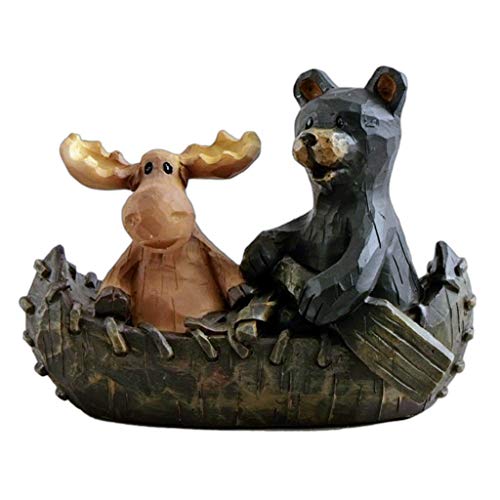 The Bridge Collection Canoeing Moose & Black Bear Figurine in a Wood Carved Style - Unique Tabletop Decoration for Cabin, Lodge Home Decor