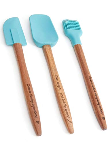 The Pioneer Woman Cowboy Rustic 3-Piece Silicone Head Utensil Set with Acacia Wood Handle, Turquoise/Blue