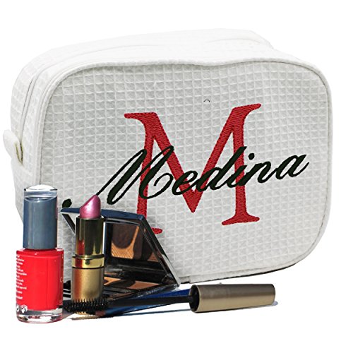The Wedding Party Store Personalized Waffle Makeup Bag - Monogrammed Cosmetic Make Up Travel Train Case - Custom Embroidered (White)