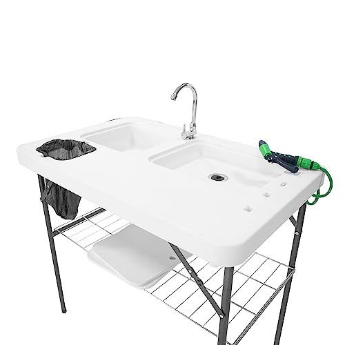 THUNDERBAY Portable Folding Fish Game Cleaning Camp Table Heavy Duty 40''Fillet Table with Double Sink and Faucet