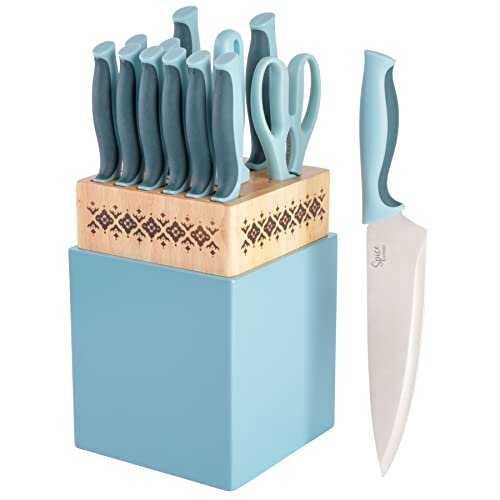 Marco Almond 14-Pieces Kitchen Knife Set with Block, Teal Sharp Chef Knives with White Wood Block, Stainless Steel,Dishwasher Safe, Blue