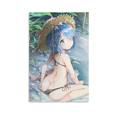 TIEDIC Anime Poster Re Zero Rem Sexy Girl Loli Swimsuit Sunbathing Straw Hat Poster Painting