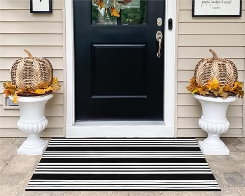 Tiveney Fall Door Mats - Hand-Woven Black and White Striped Outdoor Rugs