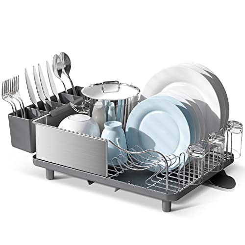 TOOLF Dish Rack, 304 Stainless Steel Dish Drying Rack for Kitchen Counter, Dish Drainer with Cutlery Holder for Large Capacity, Grey
