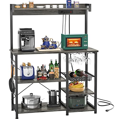 Topfurny Bakers Rack with Power Outlet, Microwave Stand, Kitchen Storage Shelf with Wire Basket, Coffee Bar Station with Wine Glass Holder, 35.4" Kitchen Rack for Spices, Pots, and Pans, Black Oak
