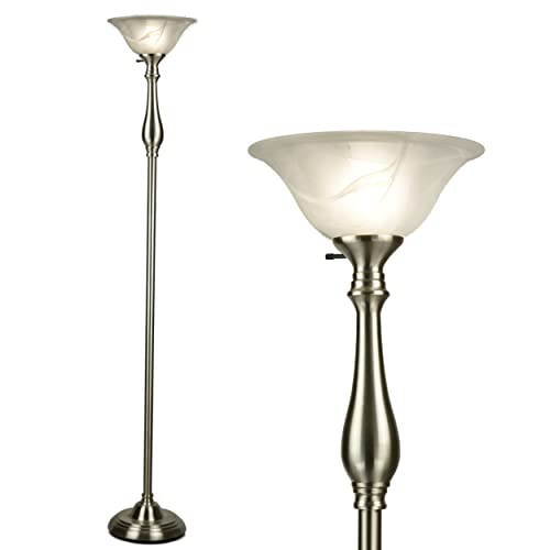 Torchiere Floor Lamp for Living Room and Bedroom - 72" Tall 'Royal Floor Lamp' with White Alabaster Glass Shade and Brushed Nickel Finish - Stand-Up Torch Lamp for Ambient Lighting (Brushed Nickel)