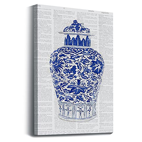 Traditional Chinese Blue & White Porcelain Newspaper Pattern Wall Art Prints Artwork Decor for Chinese Themed Canvas Wall Art Prints,Kitchen Bedroom Living Room Bathroom Home Decorations 11"x14"