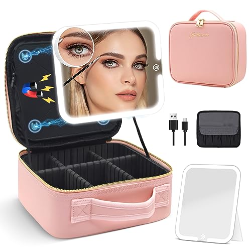 Travel Makeup Bag with Magnetic Removable Lighted Mirror, Cosmetic Bag Organizer with Mirror 360° Angle, Tri-Color LED Lighted Makeup Case, Portable Makeup Travel Train Case with Adjustable Dividers