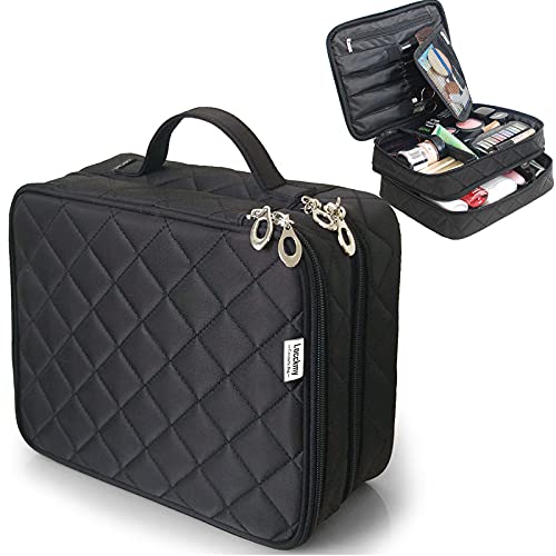 Travel Makeup Case - Double Layer Cosmetic Bags -Two Storage Compartments Space Fits ALL Your cosmetics- Multifunction Portable Train Makeup Case for Womens (Black)