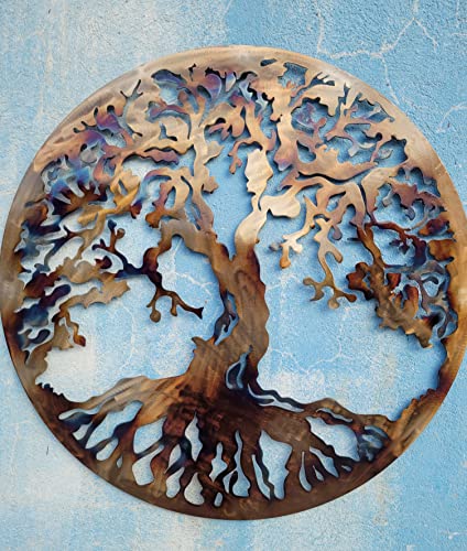 Tree Of Life Metal Art, Large Wall Decor, 36 inches, Heat Colored
