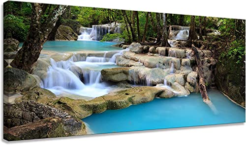 Trees Forest Canvas Wall Art Landscape Waterfall Painting Mountain River Artwork Wall Decoration Nature Art Prints Framed for Bedroom Bathroom Home Office Decor (16x32inch)